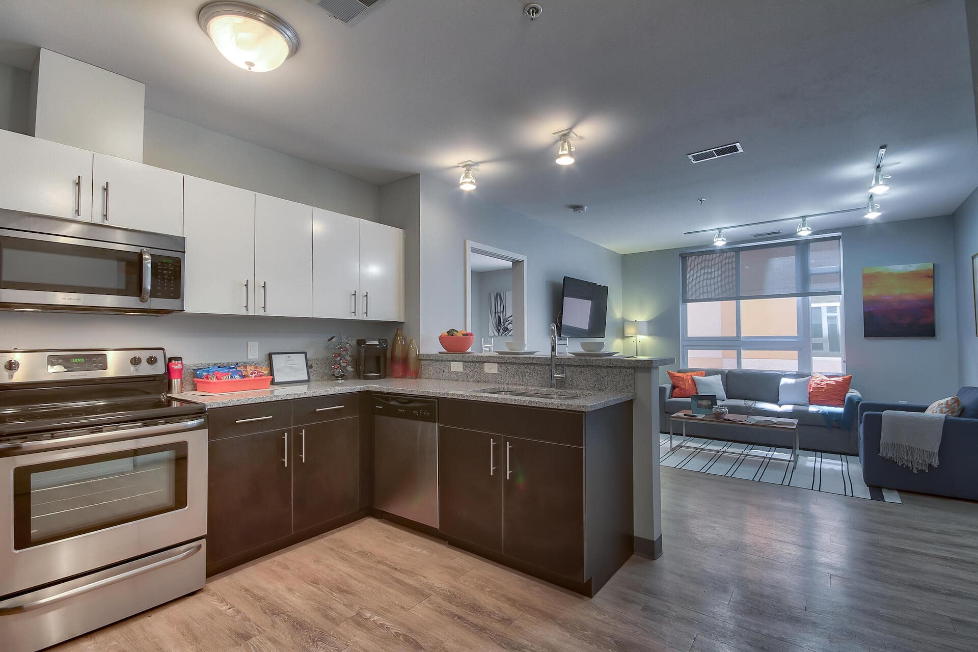 kitchen and living room areas at the flats at isu apartments