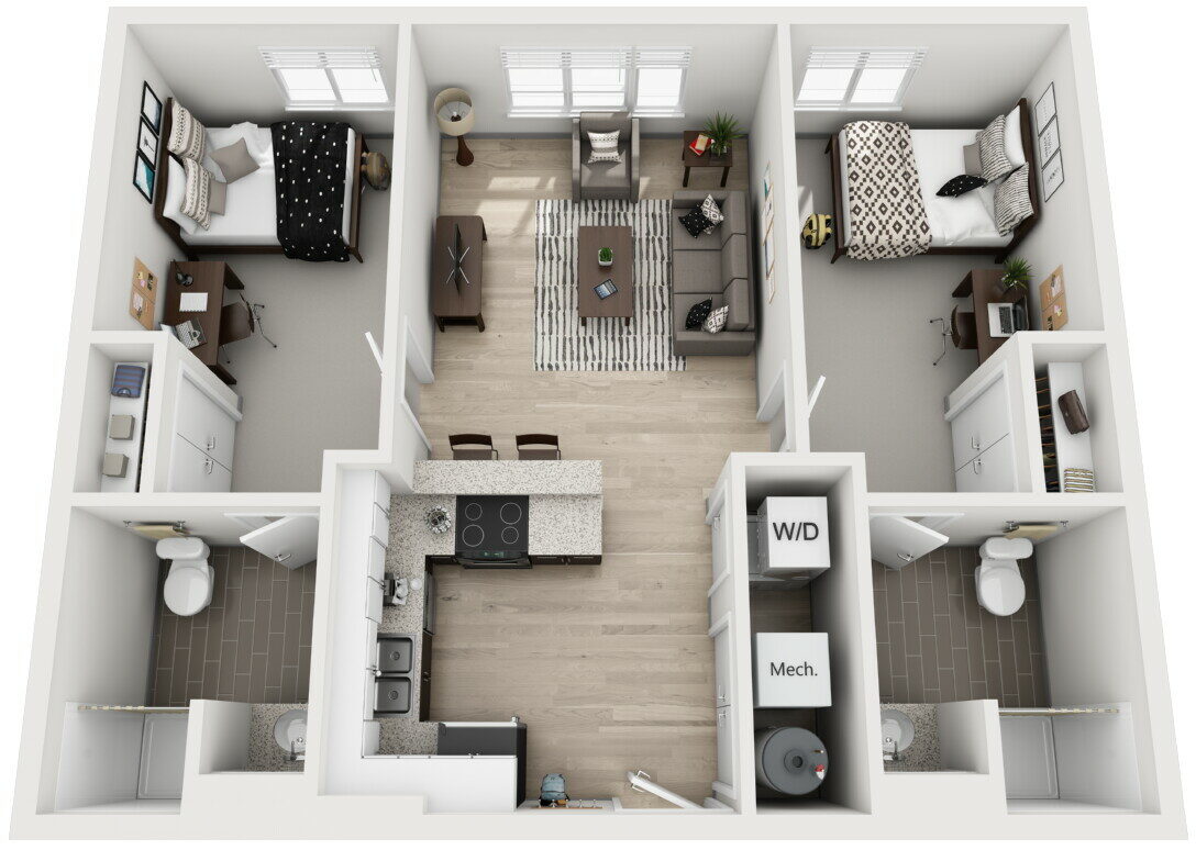 aerial view of a floor plan layout at the flats at isu apartments