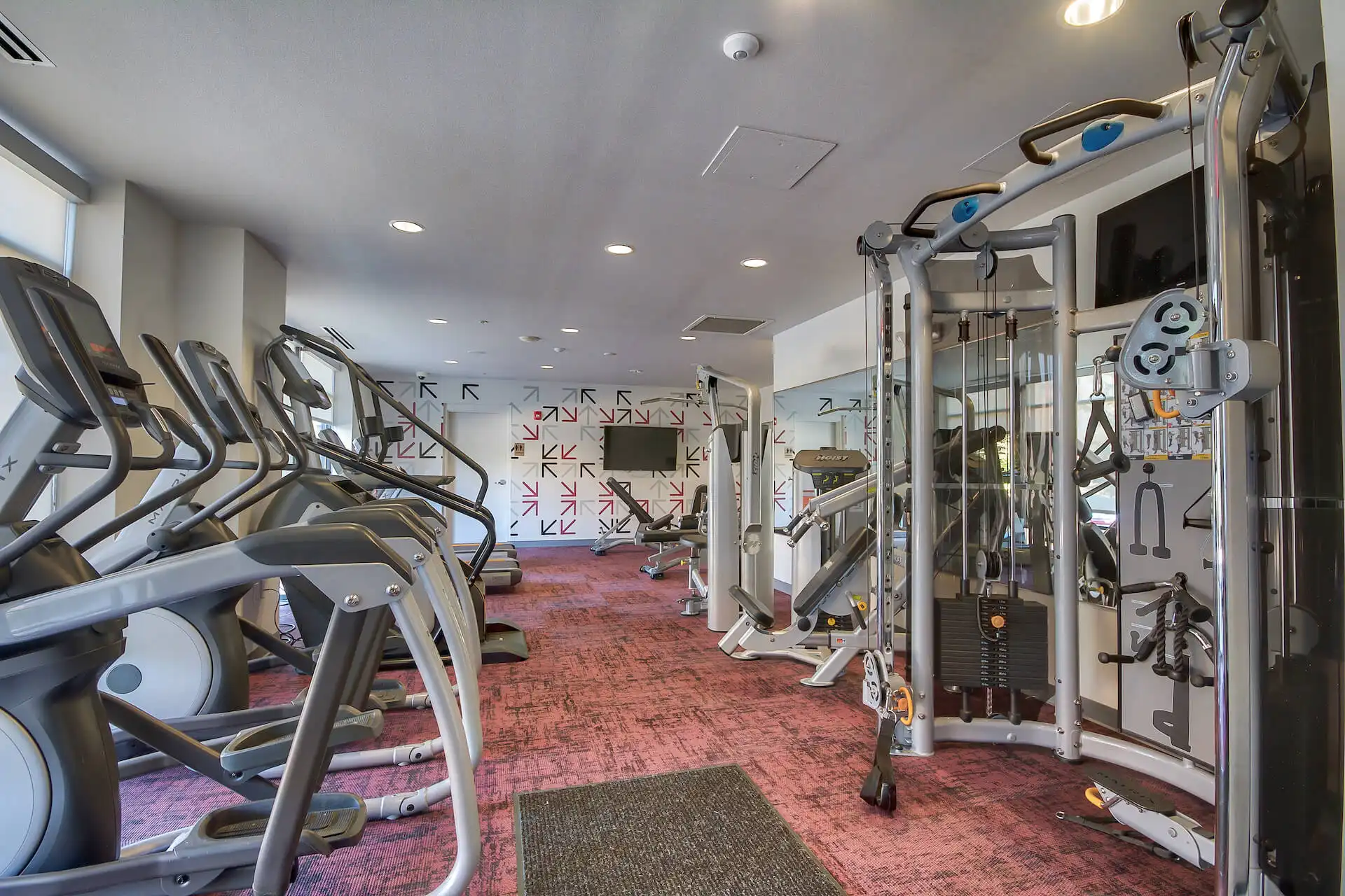 fitness center with weight machines, pull-up bars, ellipticals, free weight benches, and a wall mounted TV